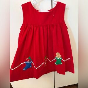 Mondays Child brand. Festive Red Holiday Dress with Stocking Gingerbread Design